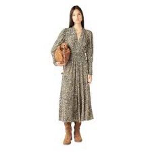 Ba&sh Seven Beige Floral Print Long Sleeve V-Neck Midi Dress